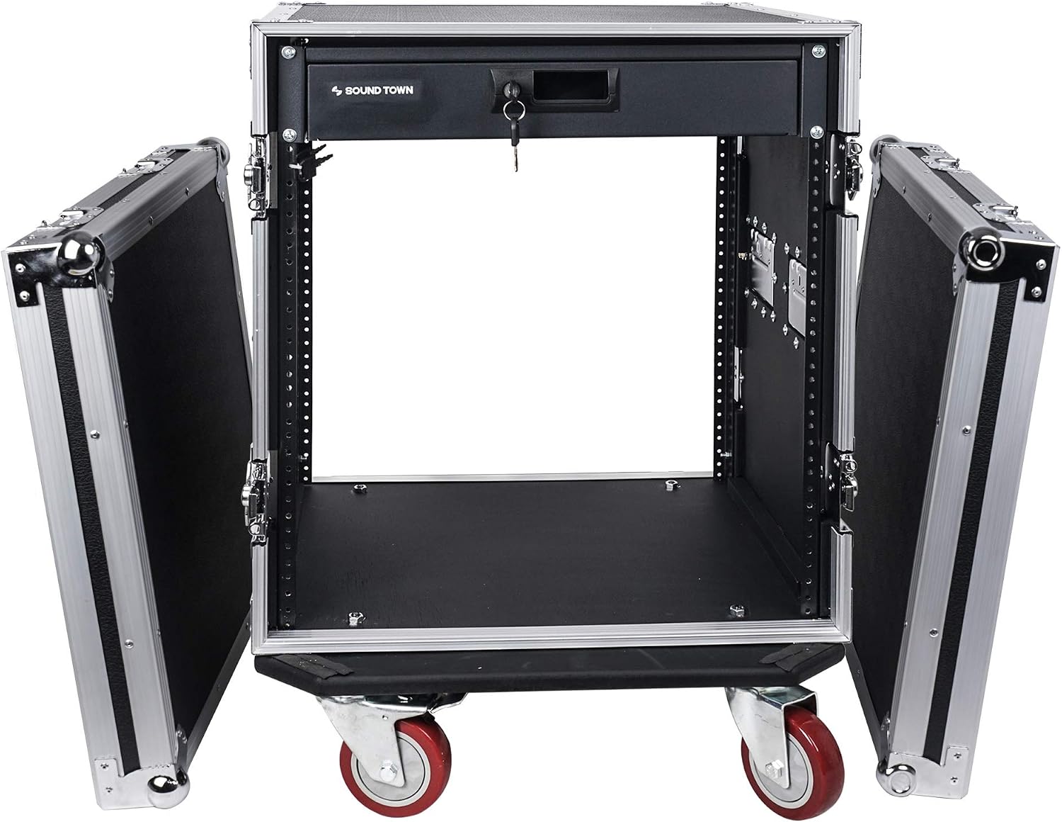 Sound Town 12U PA DJ Pro Audio Rack/Road ATA Case with Locking Drawer, 21'' Rackable Depth, Casters, Metal Ball Corners - Pro Tour Grade (STRC-12D2)