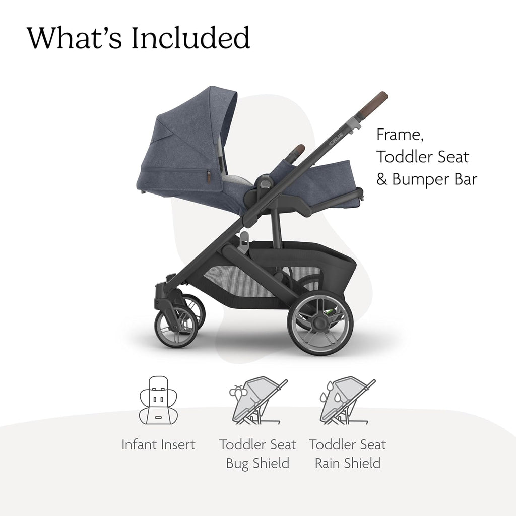 UPPAbaby Cruz V3 Stroller - from Birth + Car Seat Compatible - Full-Size, Reversible Seat - Infant Insert, Bug and Rain Shields Included - Julian (Dusty Blue Mélange/Carbon Frame/Chestnut Leather)