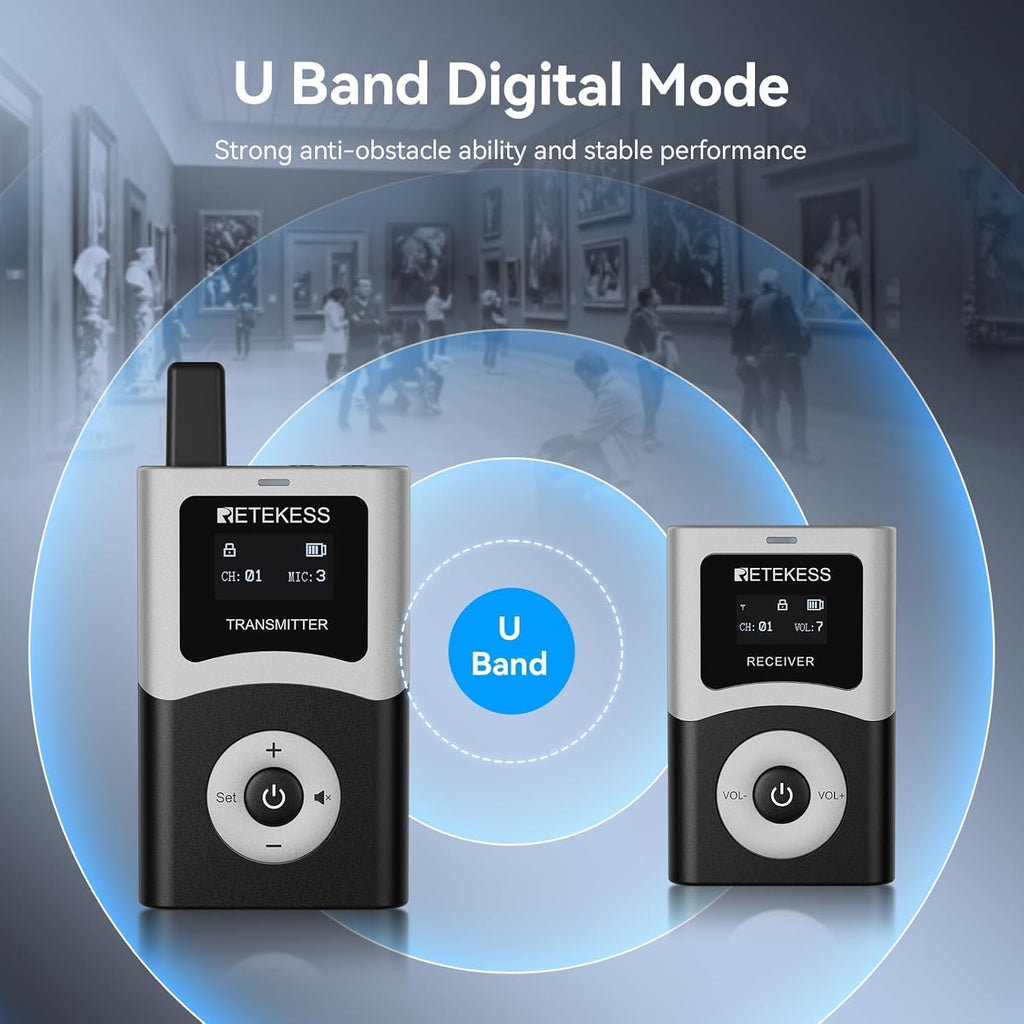 Retekess T130U (4th Generation T130) Wireless Tour Guide System, 200 m, 40H, HiFi U-Band Digital Sound Quality, Tour Guide Headset for Church, School (1 Transmitter and 5 receivers)
