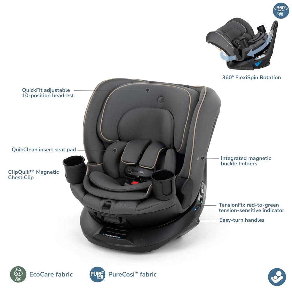 Maxi-Cosi Andi 360 Rotating All-in-One Baby Convertible Car Seat, Rear Facing, Forward Facing Infant Toddler Booster, Easy Rotation, Tension System, Harness Adjust, Escargot