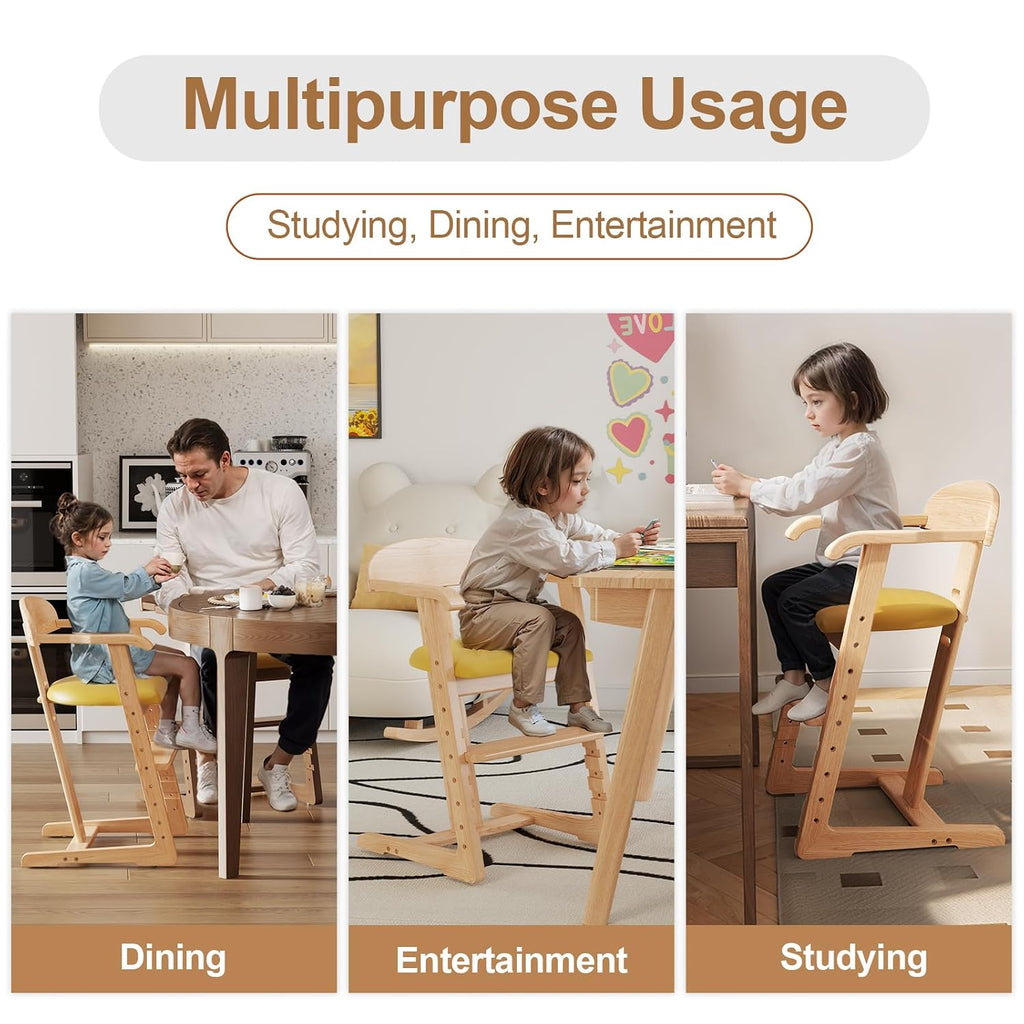 DOMGMUWUJEE Solid Wood Toddler Dining Chair - Adjustable Height Easy to Clean Toddler high Chair - Kids high Chair from 3 Years to 200 Lb, Grow with Child (Natural Yellow)