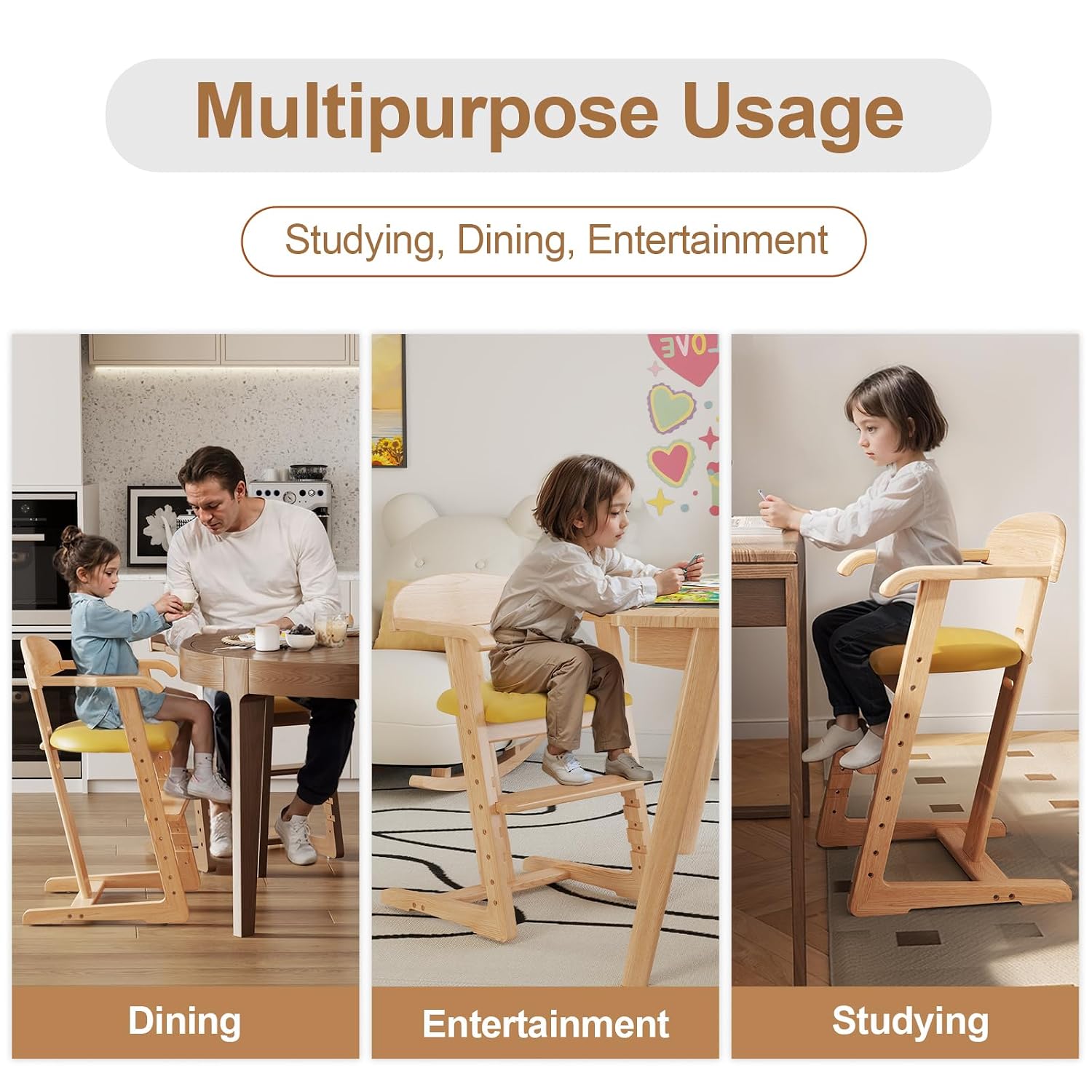 DOMGMUWUJEE Solid Wood Toddler Dining Chair - Adjustable Height Easy to Clean Toddler high Chair - Kids high Chair from 3 Years to 200 Lb, Grow with Child (Natural Yellow)