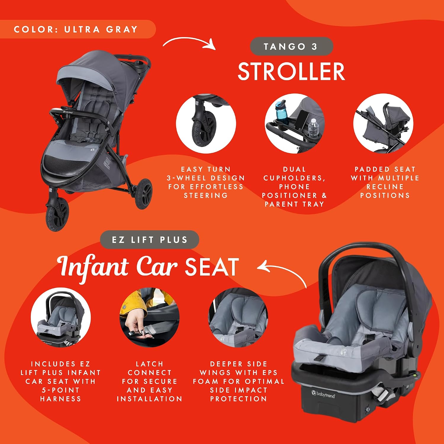 Baby Trend Tango™ 3 All-Terrain Stroller Travel System with EZ-Lift™ Plus Infant Car Seat, Ultra Grey