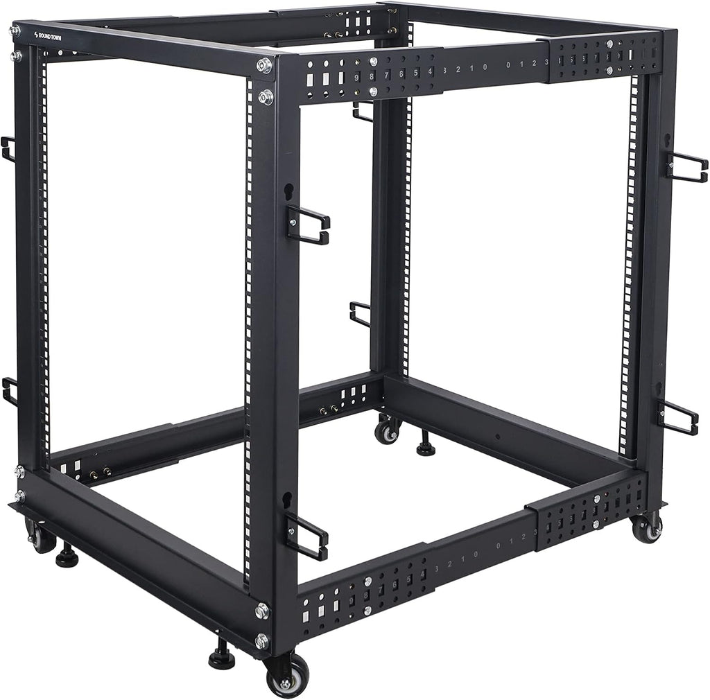 Sound Town 4-Post 15U Open Frame Sever and Network Equipment Rack with Adjustable Depth 22'-40', Casters, Levelers, Cable Management (ST4POF-A15U)