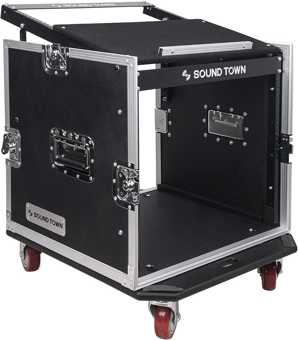 Sound Town Enhanced 1/2' (12mm) Plywood 10U PA DJ Pro Audio Rack/Road ATA Case with 11U Slant Mixer Top, 20'' Rackable Depth and Casters, 10 Space Size, Pro Tour Grade (STMR-10UW)