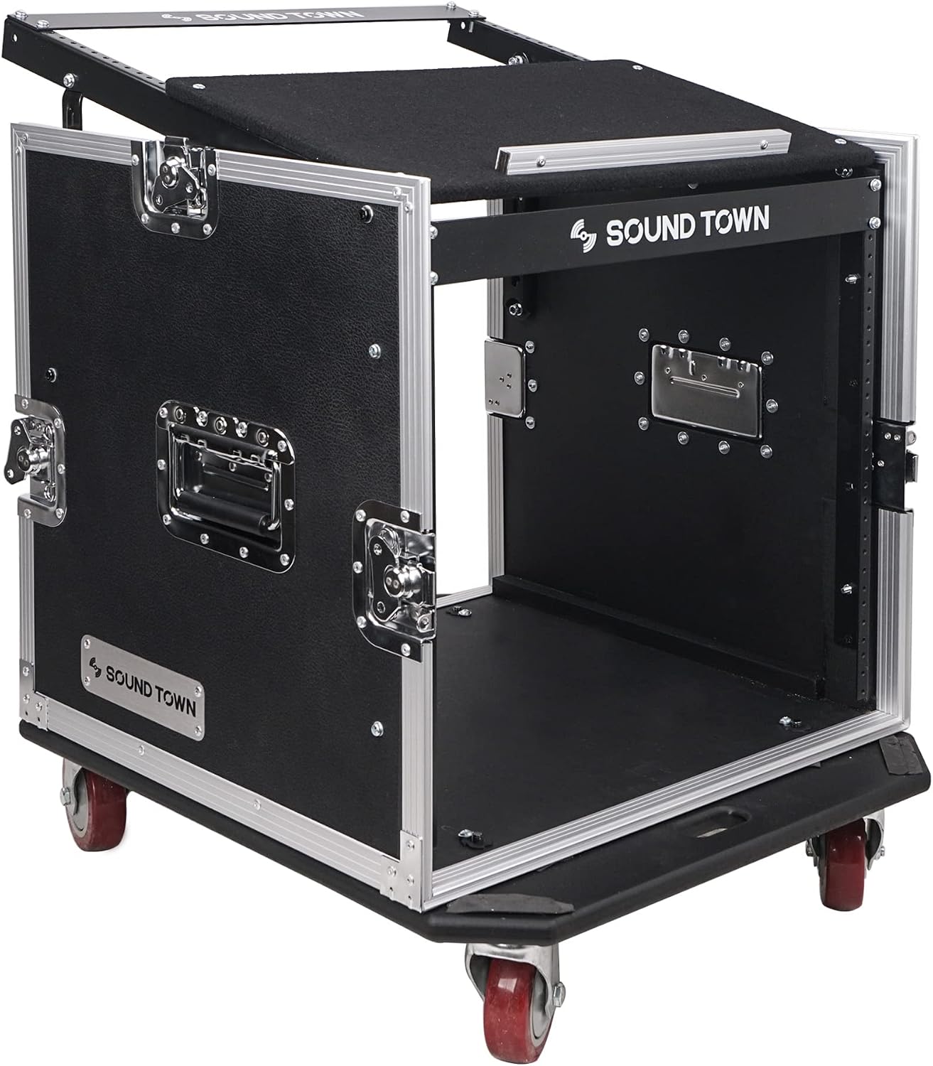 Sound Town Enhanced 1/2' (12mm) Plywood 10U PA DJ Pro Audio Rack/Road ATA Case with 11U Slant Mixer Top, 20'' Rackable Depth and Casters, 10 Space Size, Pro Tour Grade (STMR-10UW)