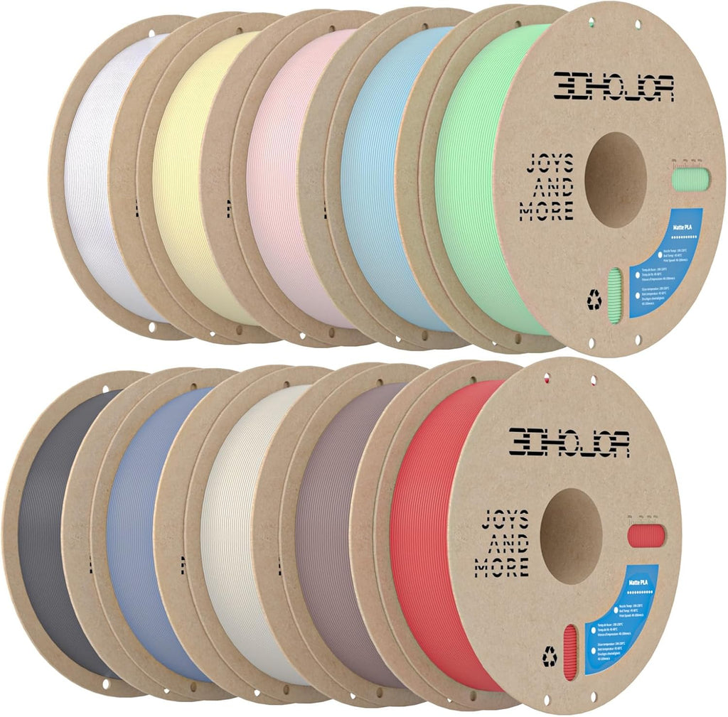 3DHoJor Matte PLA 3D Printer Filament Bundle,10KG PLA Matte Filament 1.75mm, 3D Filament Multicolor, 1KG Spool, 10 Pack,Black+White+Grey+Blue+Light Khaki+Pink+Yellow+Fire Engine red+Brown+Mint Green