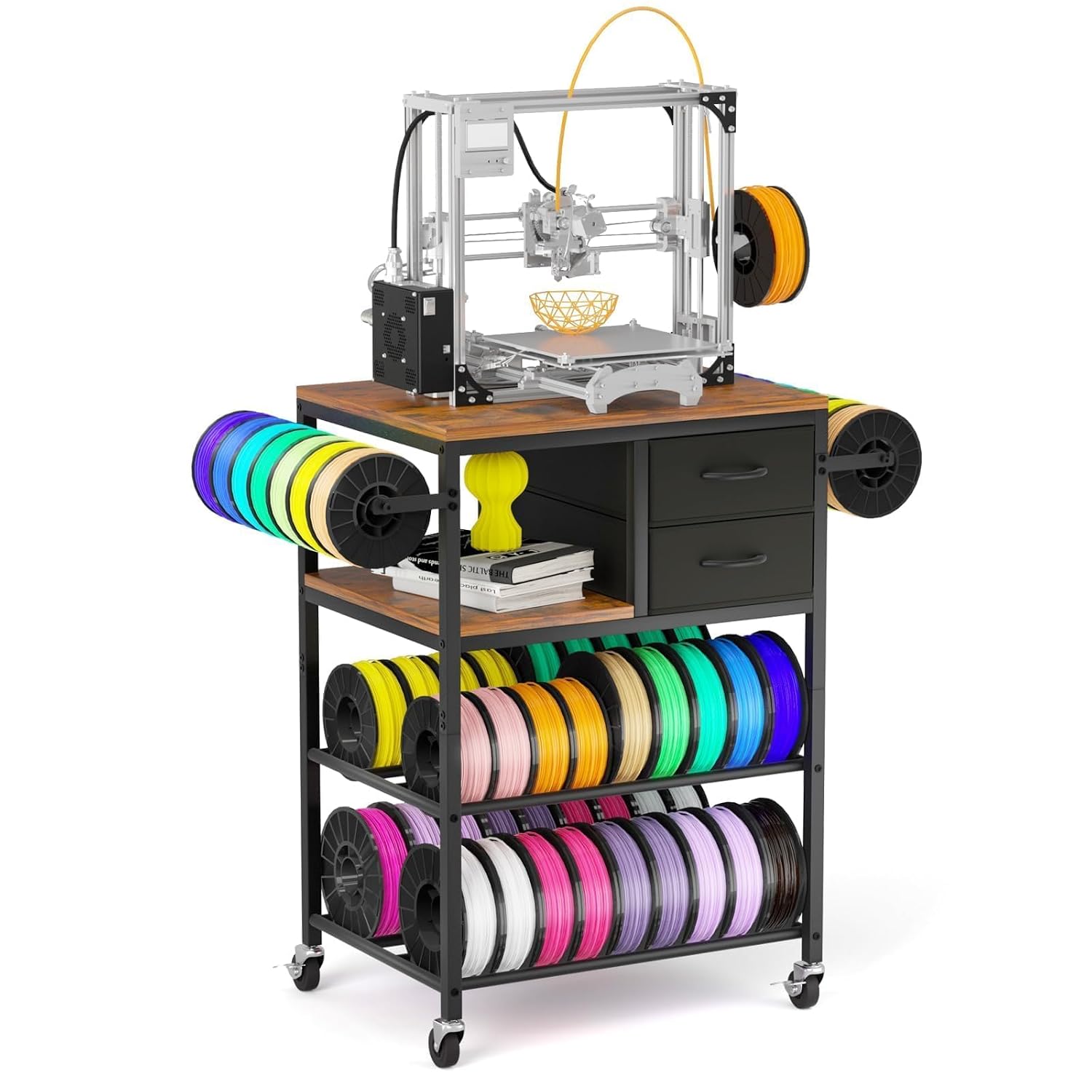 3D Printer Stand with Filaments Storage, Rolling 3D Printer Table Filament Storage Rack with Drawer and Lockable Wheels, Heavy Duty Spool Organizer Rack for Workshop Studio Office