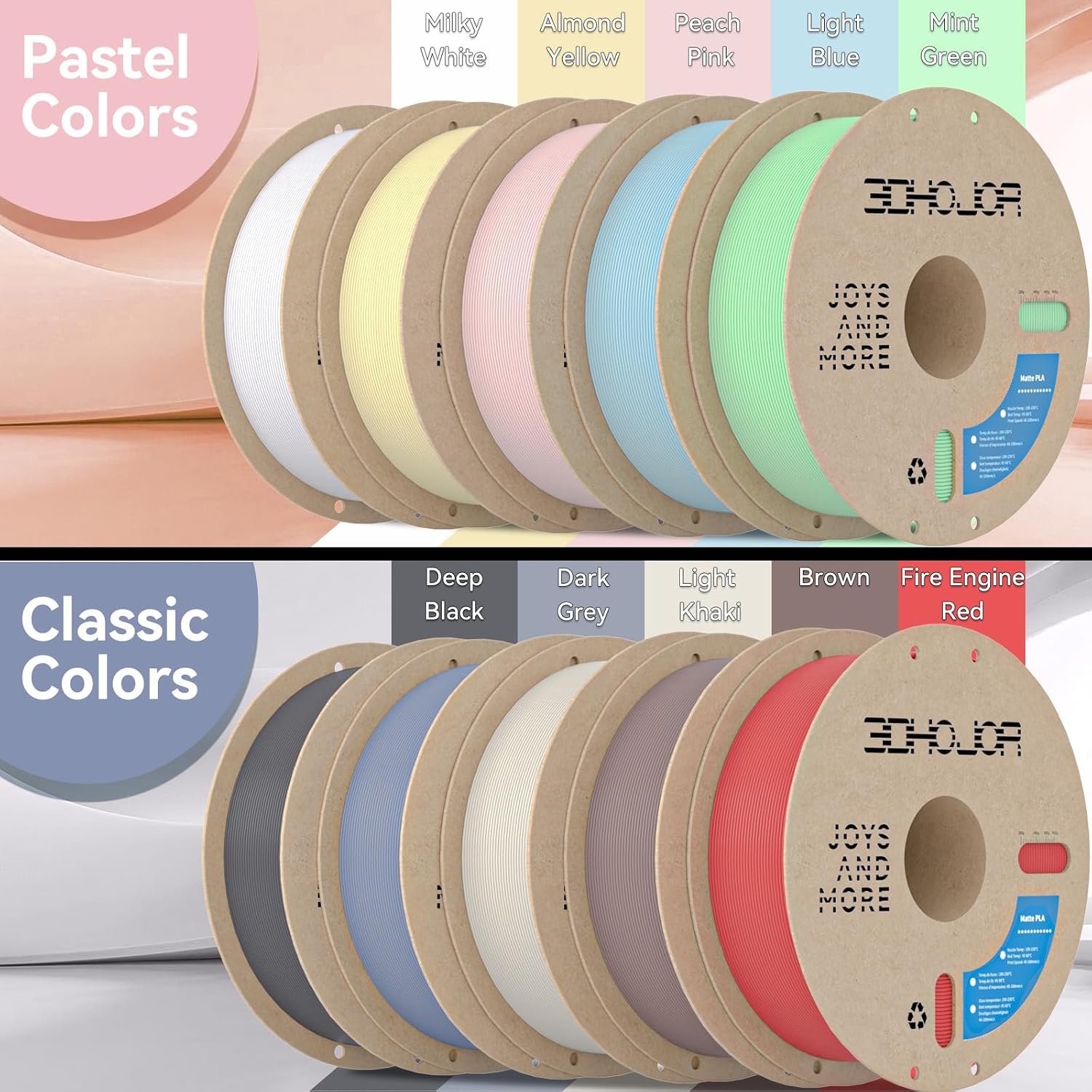 3DHoJor Matte PLA 3D Printer Filament Bundle,10KG PLA Matte Filament 1.75mm, 3D Filament Multicolor, 1KG Spool, 10 Pack,Black+White+Grey+Blue+Light Khaki+Pink+Yellow+Fire Engine red+Brown+Mint Green