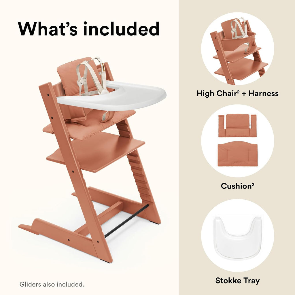 Stokke Tripp Trapp High Chair 2 (Terracotta), Cushion 2 (Terracotta) + Stokke Tray (White) - Includes Chair + Baby Set 2 with Removable Harness for Children 6-36 Months