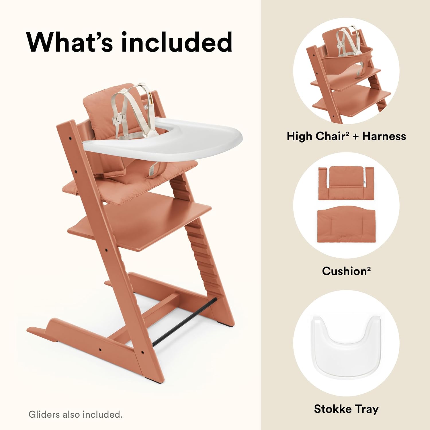 Stokke Tripp Trapp High Chair 2 (Terracotta), Cushion 2 (Terracotta) + Stokke Tray (White) - Includes Chair + Baby Set 2 with Removable Harness for Children 6-36 Months