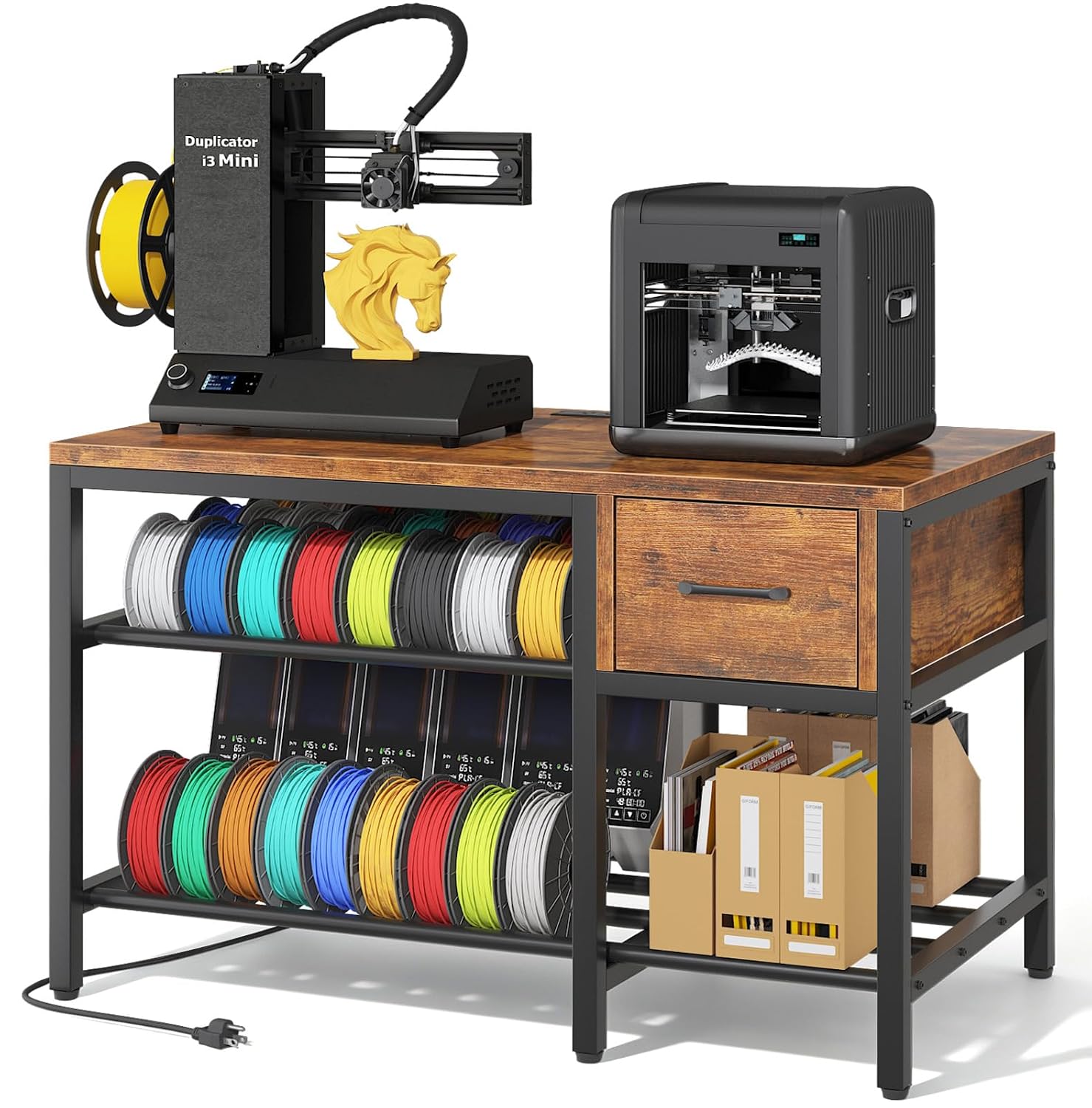 3D Printer Stand with Filament Storage – Heavy Duty Metal 3D Printer Table with Drawer and Power Hub for Workshop, Studio, and Office