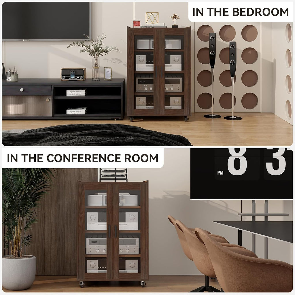 ELECWISH Media Storage Cabinet, Audio-Video Media Stand,Stereo Cabinet with 4 Height-Adjustable Shelves, AV Rack with Glass Doors for Meeting, Living, Recording Room, Brown