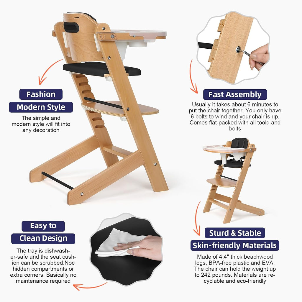 Cowiewie Natural Wooden High Chair for Babies & Toddlers 3-Tier Remove & 2 Adjustable Tray, 8 Adjustable Highchair with Cushions, Easy to Clean (Black)