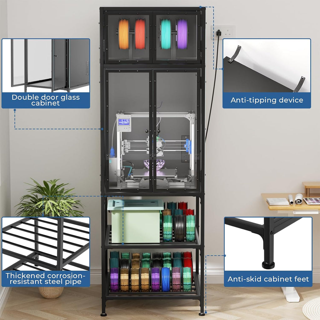 3D Printer Cabinet with Double Layer 3D Printer Filament Storage Rack, T-Shaped Filament Bar & Noise-Reducing, Dust-Proof Design, Suitable for Studio, Office Storage and Organization