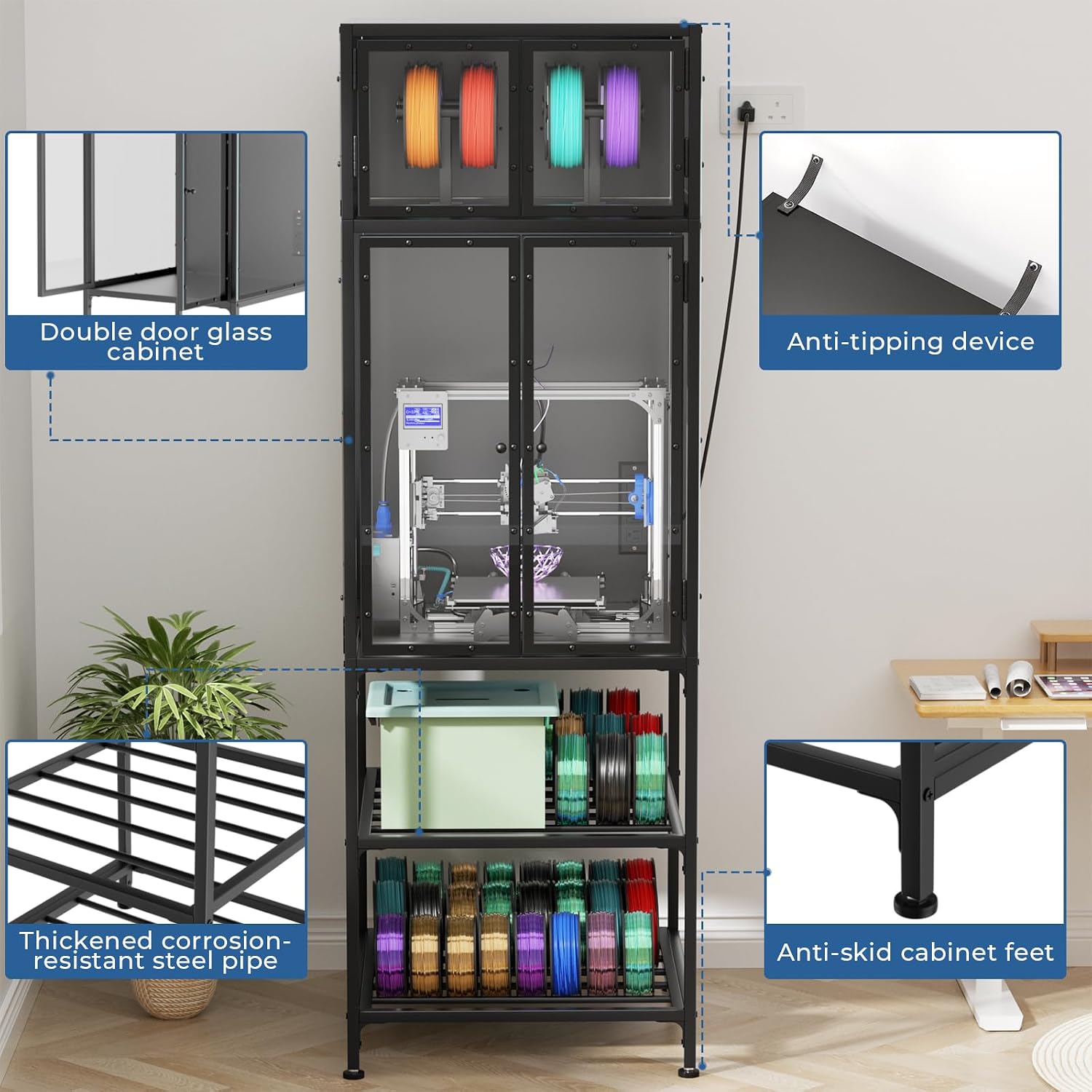 3D Printer Cabinet with Double Layer 3D Printer Filament Storage Rack, T-Shaped Filament Bar & Noise-Reducing, Dust-Proof Design, Suitable for Studio, Office Storage and Organization