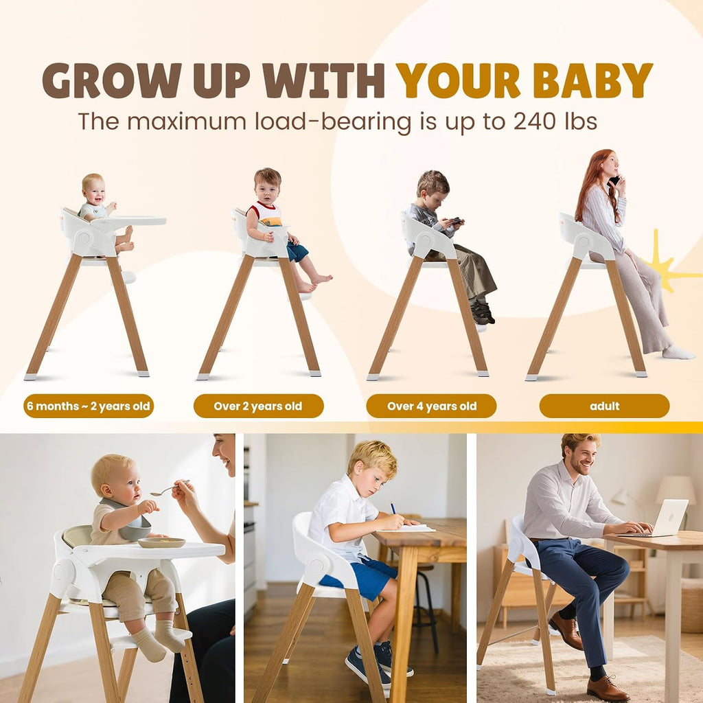 Convertible High Chairs for Babies & Toddlers. 5-in-1 Adjustable High Chair with Removable Tray, Easy to Clean, Portable (Khaki)
