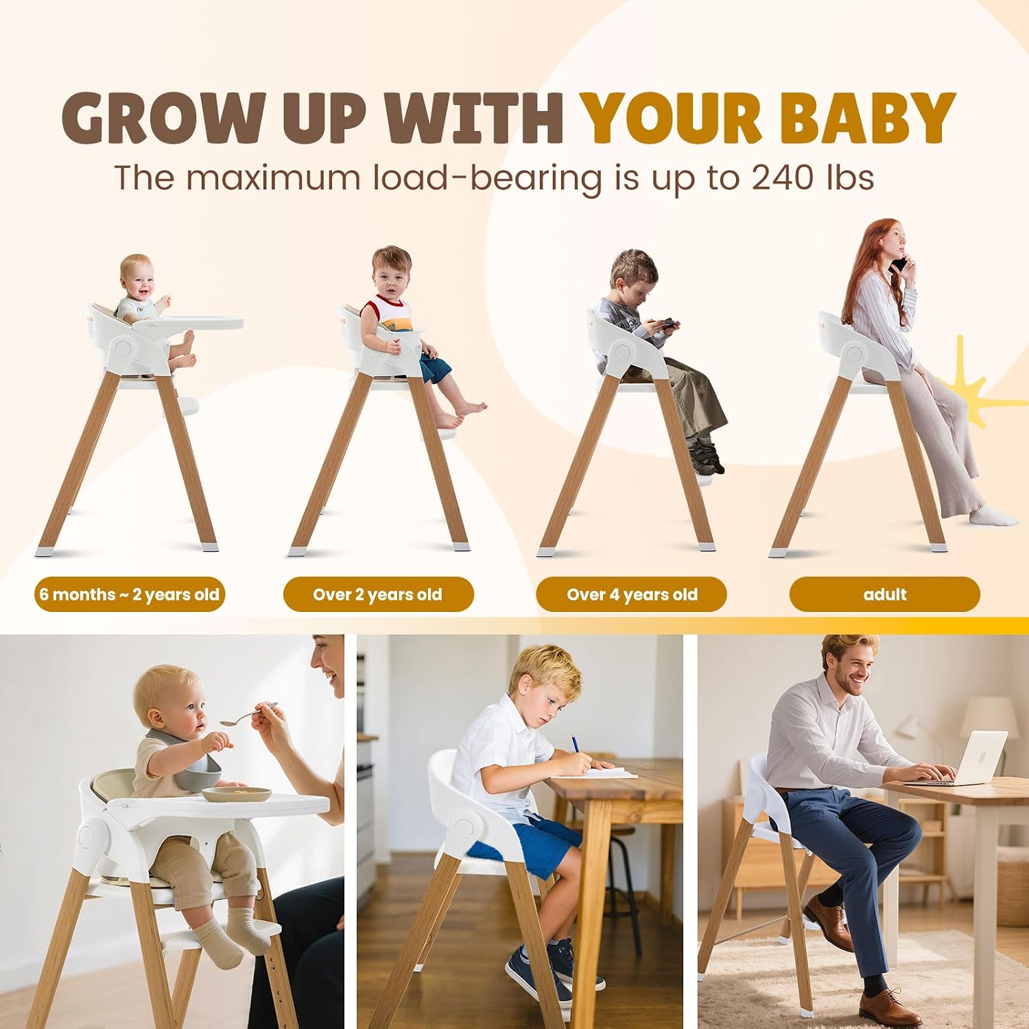 Convertible High Chairs for Babies & Toddlers. 5-in-1 Adjustable High Chair with Removable Tray, Easy to Clean, Portable (Khaki)