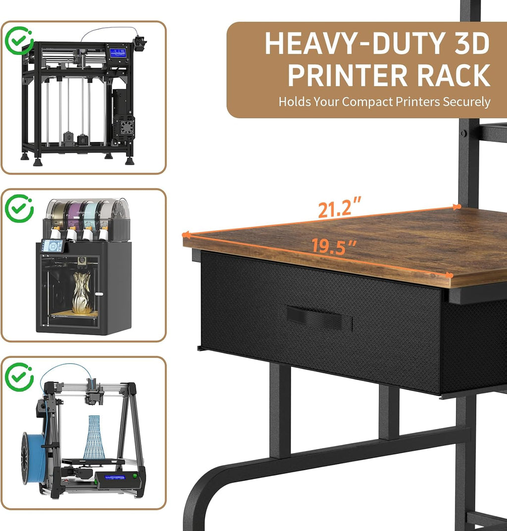 3D Printer Stand with Filament Storage,3D Printer Rack with Storage Drawer，Heavy-Duty 3D Printers Table with Power Outlet，for ABS/PLA/TPU Spools, Home Office Studio Rustic Brown