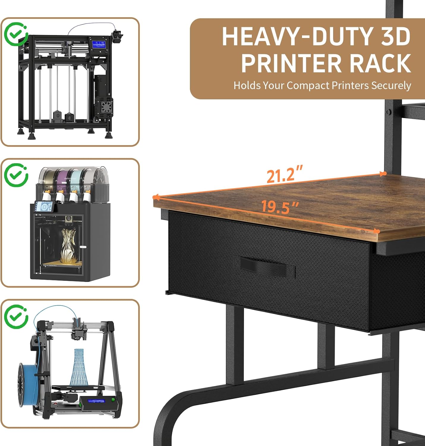 3D Printer Stand with Filament Storage,3D Printer Rack with Storage Drawer，Heavy-Duty 3D Printers Table with Power Outlet，for ABS/PLA/TPU Spools, Home Office Studio Rustic Brown