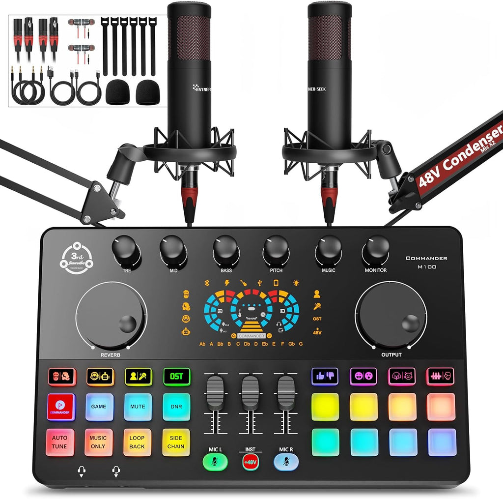 Podcast Equipment Bundle for 2, Audio Interface DJ Mixer with 48V XLR Condenser Microphone, RGB,Voice Change, for Streaming, Podcast Recording,Tiktok,PC, Smartphone COMMANDER M100 3rd