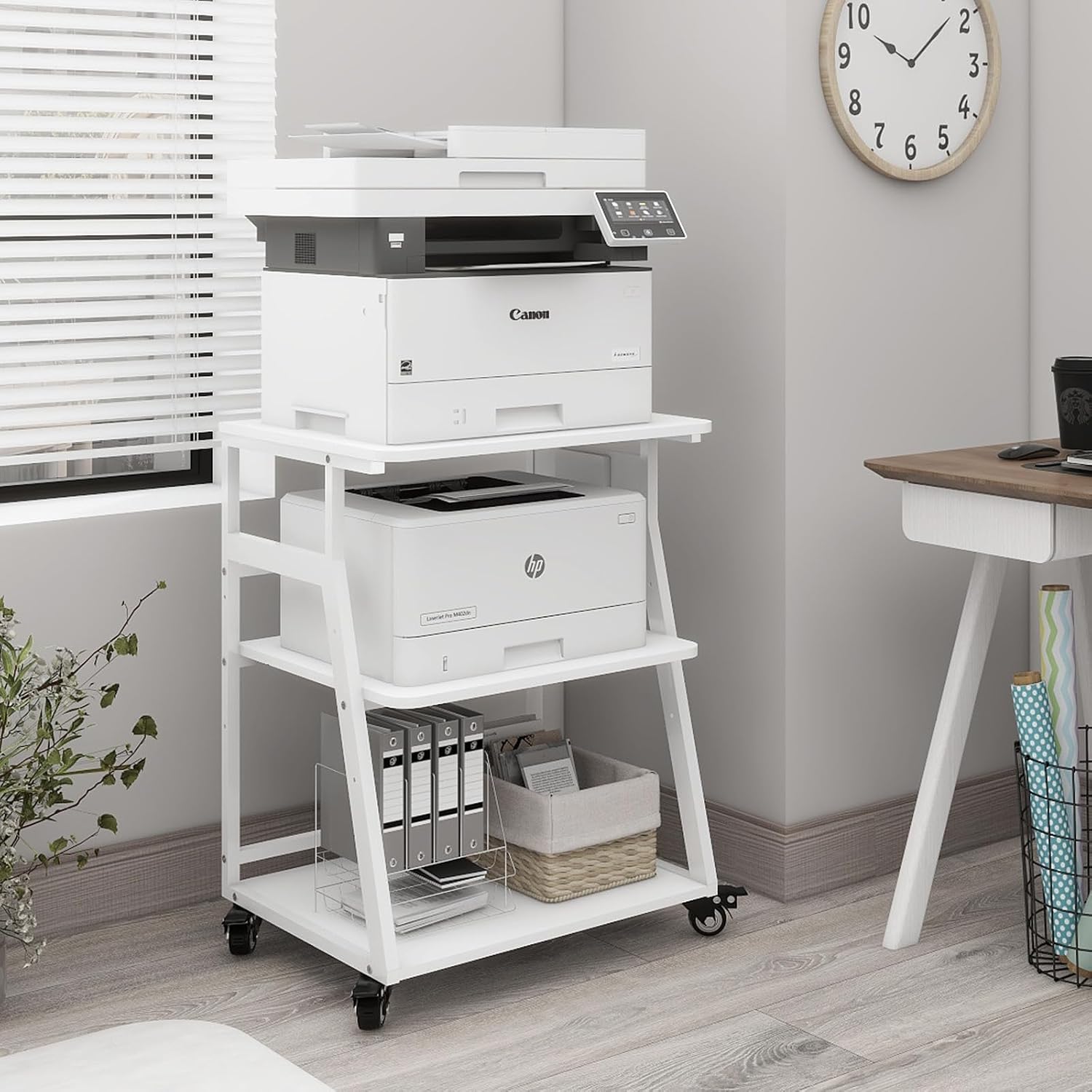 Natwind 23.6'x19.7' Large Printer Stand,3 Tier Printer Table with Charging Station, Rolling Cart with Adjustable Storage Shelf for Home Office Organization, Stand for Heat Press,3D Printer (White)
