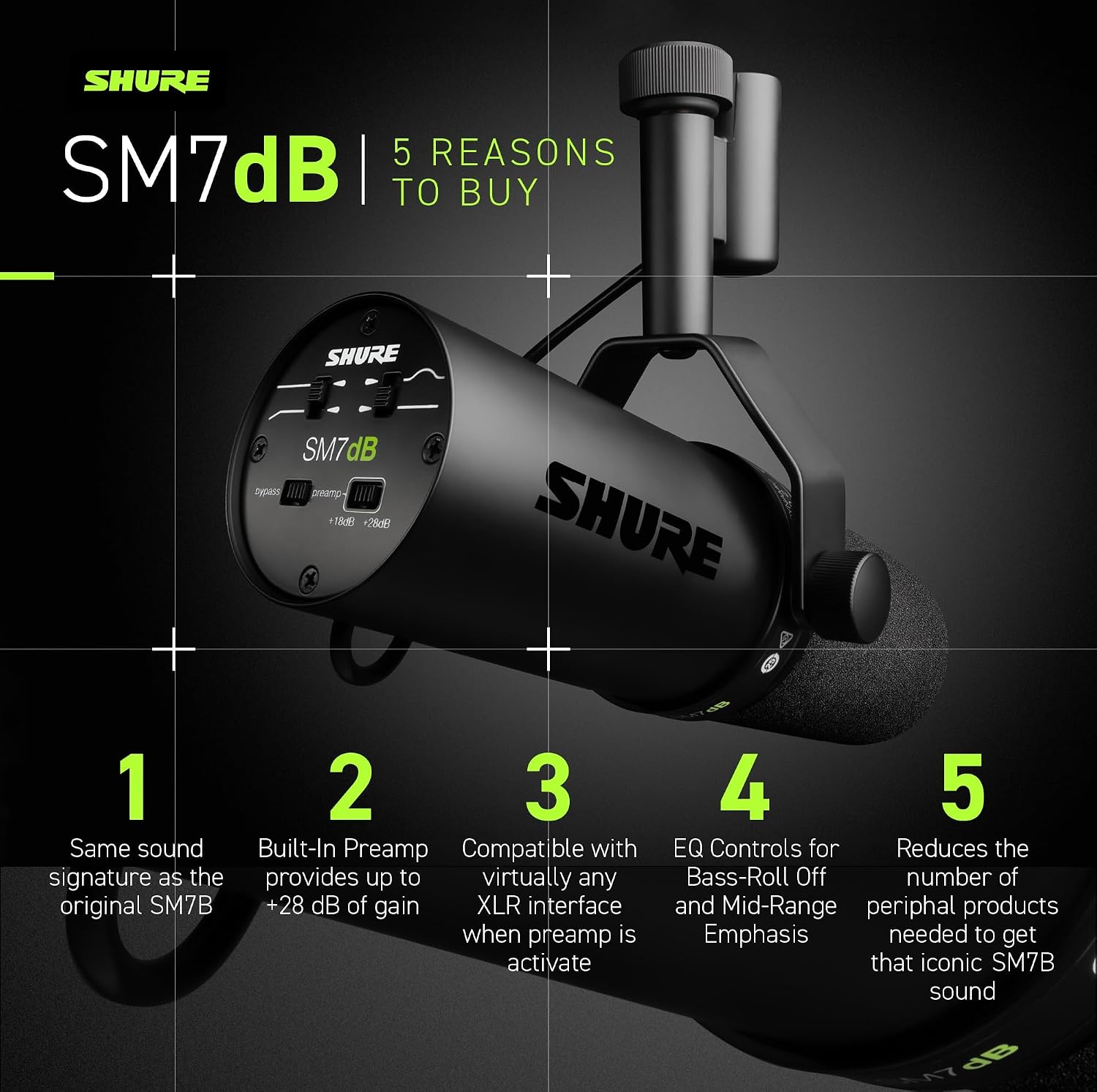 Shure SM7dB Dynamic Studio Microphone with Built-in Preamp – XLR Mic for Podcasting, Streaming & Vocal Recording, Wide Frequency Range, Smooth Warm Audio, Detachable Windscreen, Black