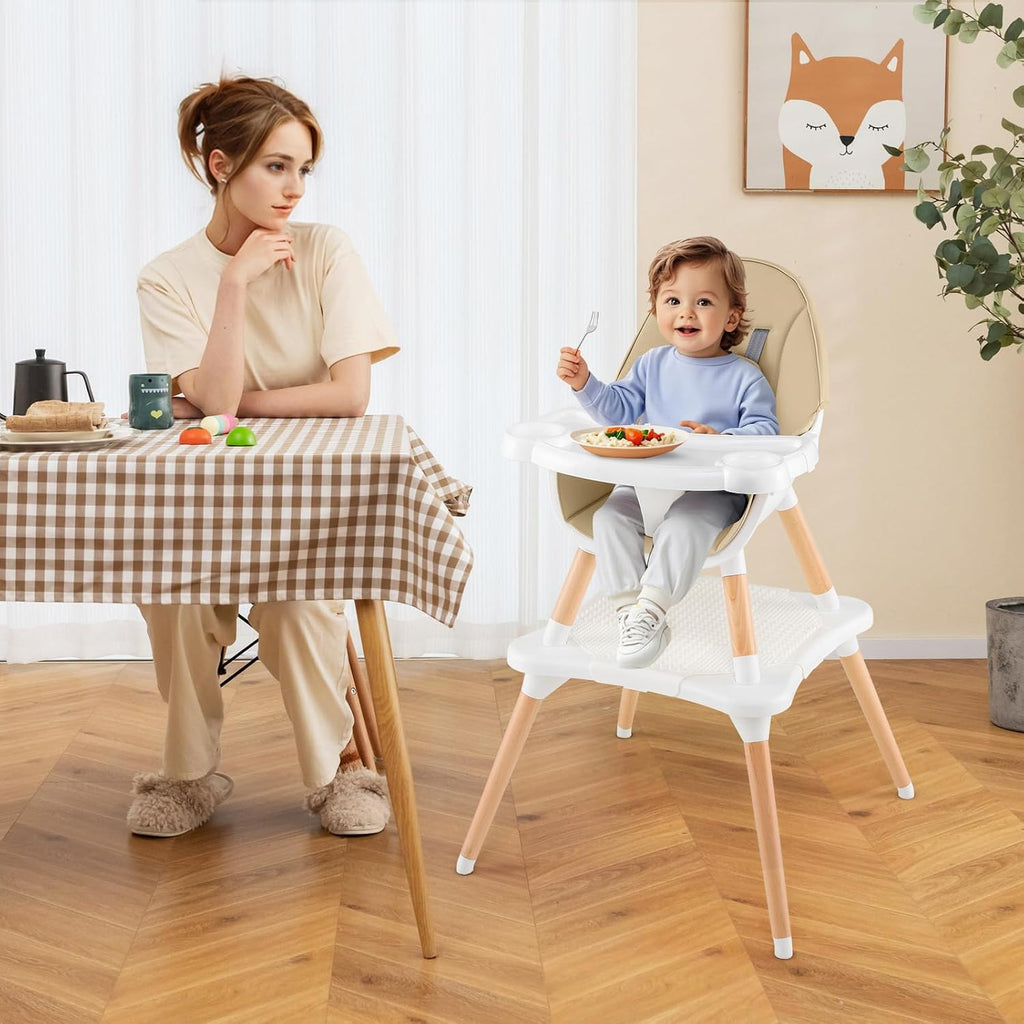 HONEY JOY Baby High Chair, 6-in-1 Convertible Wooden Highchair for Babies and Toddlers/Table Set/Toddler Chair with Safety Harness, 4-Position Removable Feeding Tray (Khaki)