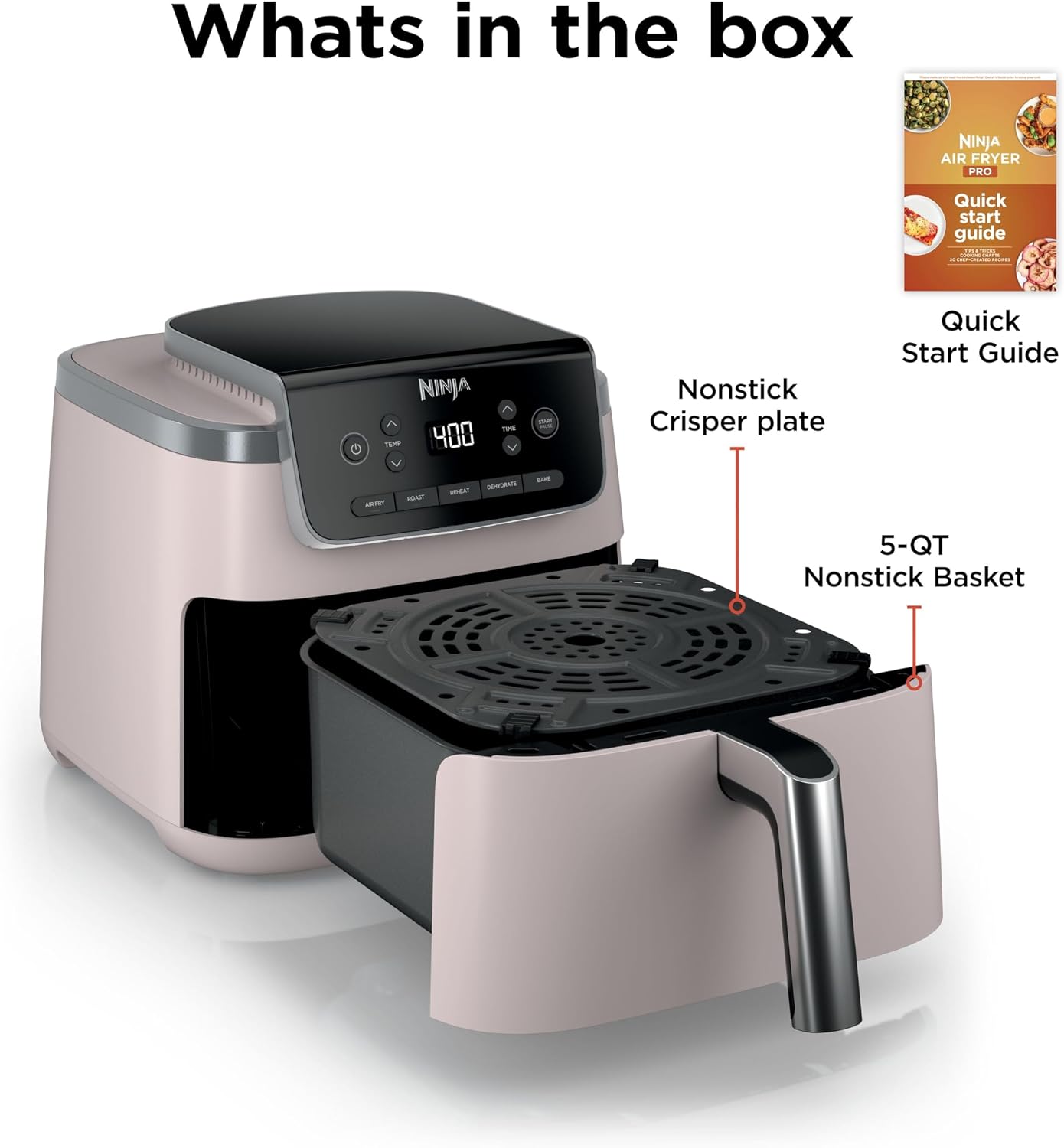 Ninja Air Fryer Pro 5-in-1 | 5 QT Capacity, Air Fry, Bake, Roast, Reheat, and Dehydrate, Air Crisp Technology | Nonstick Basket & Crisper Plate | Light Pink | AF142PK