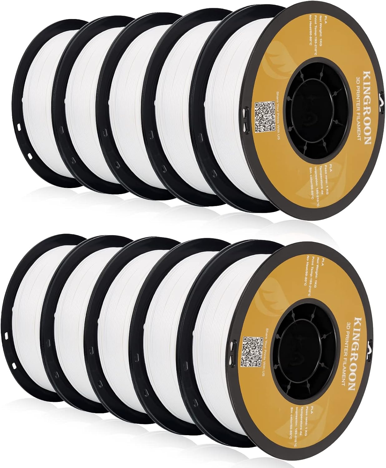 Kingroon PLA 3D Printer Filament,10 Rolls, Dimensional Accuracy +/- 0.02 mm, 10kg Spool(22lbs), 1.75 mm，White