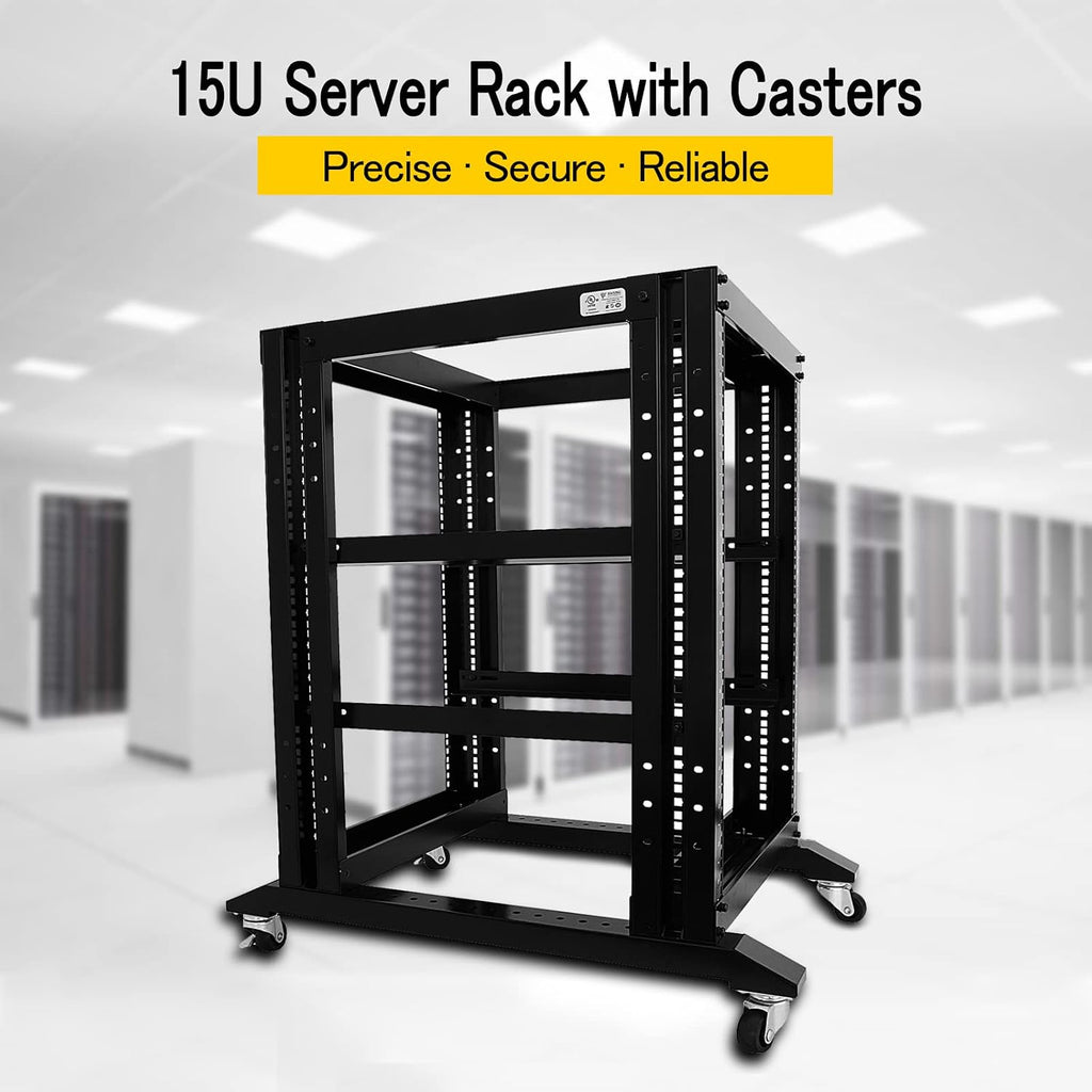 Server Rack Open Frame Rack 4 Post 19 inch Adjustable Server/Audio Rack Cold Rolled Steel (15U-24 Depth, Black-15U)