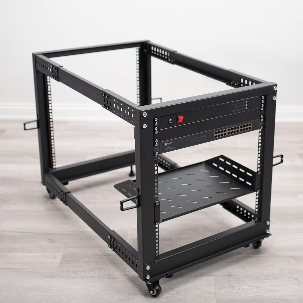 VIVO 12U Freestanding Server Rack, Mobile Open Frame 22 to 40 Inch Adjustable Network Server Cart, Black Steel, CART-SR12U