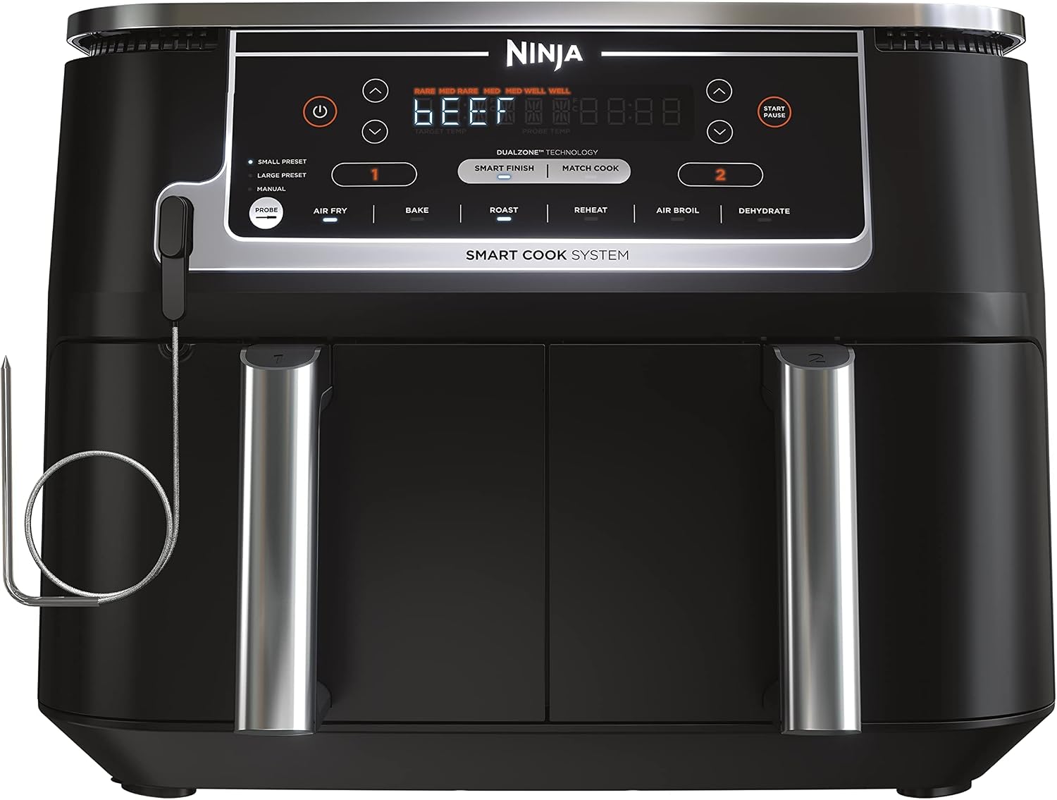 Ninja DZ550 Foodi 10 QT 6-in-1 DualZone Smart XL Air Fryer with 2 Independent Baskets, Smart Cook Thermometer for Perfect Doneness, Match Cook & Smart Finish to Roast, Dehydrate & More, Grey