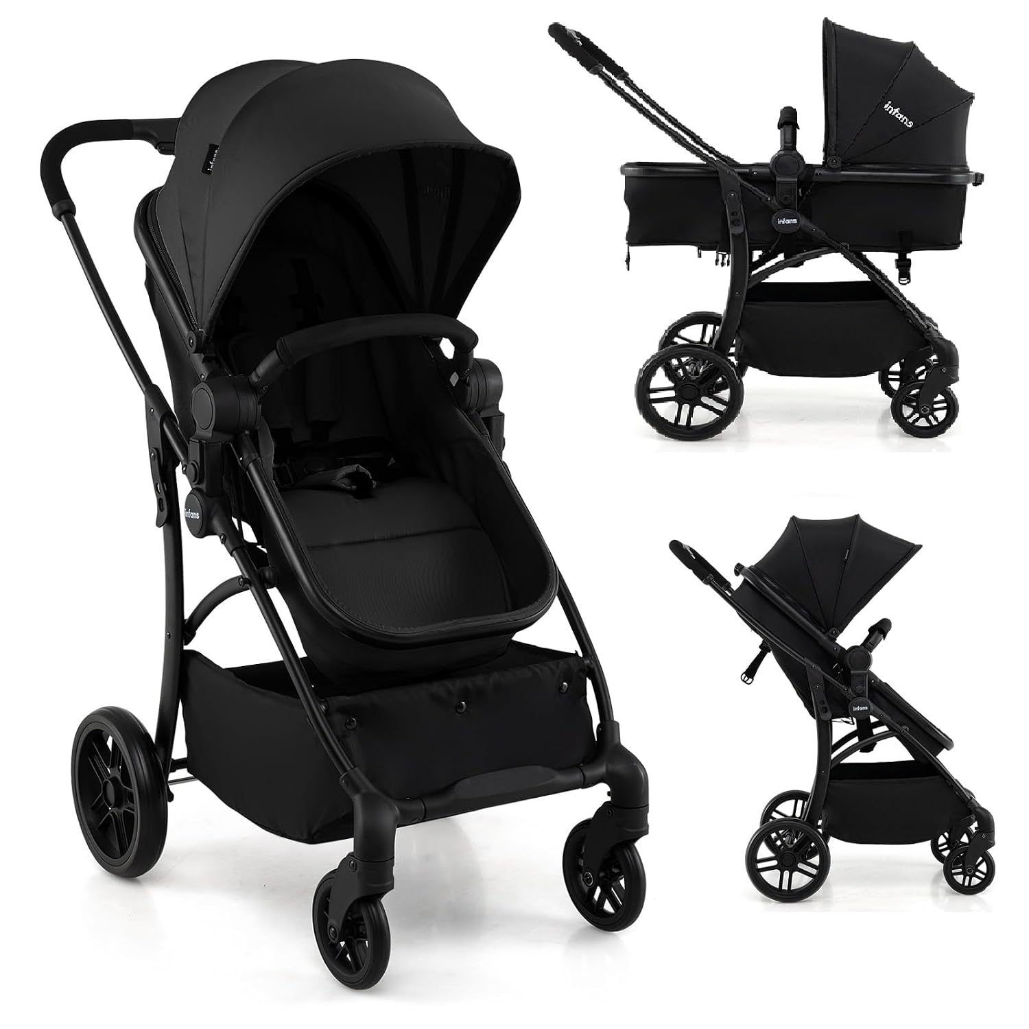 INFANS 2 in 1 Baby Stroller, Convertible Stroller with Bassinet Reversible Seat Adjustable Backrest Canopy One Hand Fold, Compact Toddler Pushchair for Kids Infants Newborns 0-36 Months