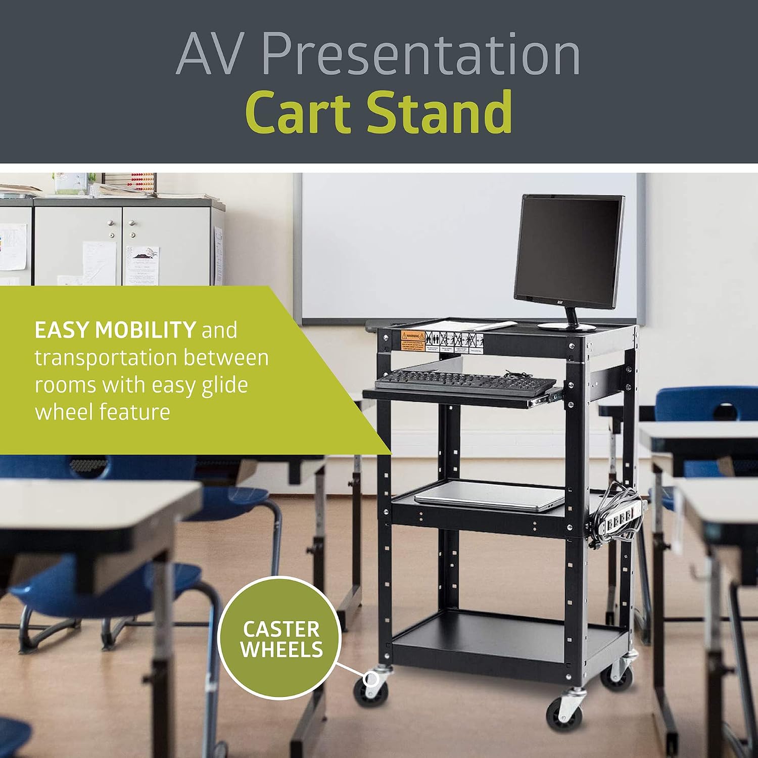 Pearington AV Presentation Cart Stand for Video Projector, TV, Laptop Computers, Printers, Metal Construction Rolling Storage Cart with Adjustable Shelves, 4 Wheels, 4 Outlets, 12ft Cord, Black