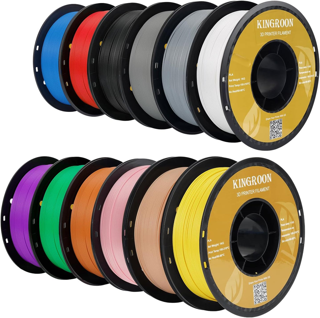 Kingroon PLA 3D Printer Filament, 12Rolls, Dimensional Accuracy +/- 0.03 mm, 12kg Spool(26.4lbs), 1.75 mm，Black White Grey Red Green Yellow Purple Skin Blue Silver Pink Orange