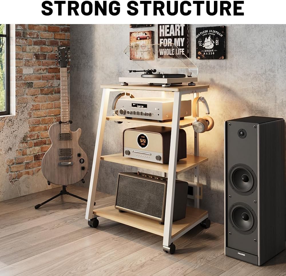4-Tier Stereo Stand, AV Media Stand Cabinet Console Shelf with Power Strips and 2 Hooks, Audio-Video Rack Game Console Stand Media Organizer (Maple)