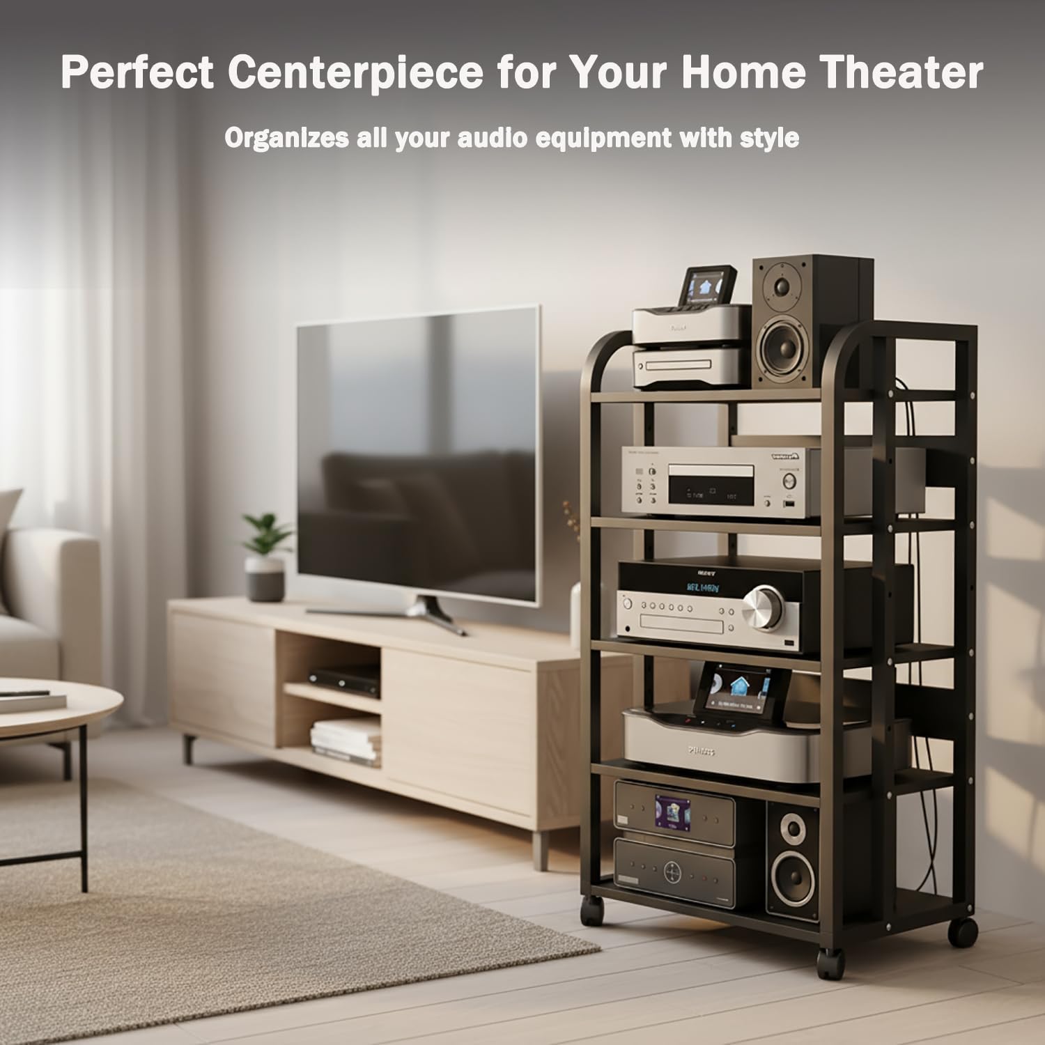 5-Tier Stereo Cabinet, Rolling AV Media Stand with Wheels, Adjustable CD Record Player Console Shelf Audio Component Rack for Home Theater, Studio, Gaming & Living Room, Black