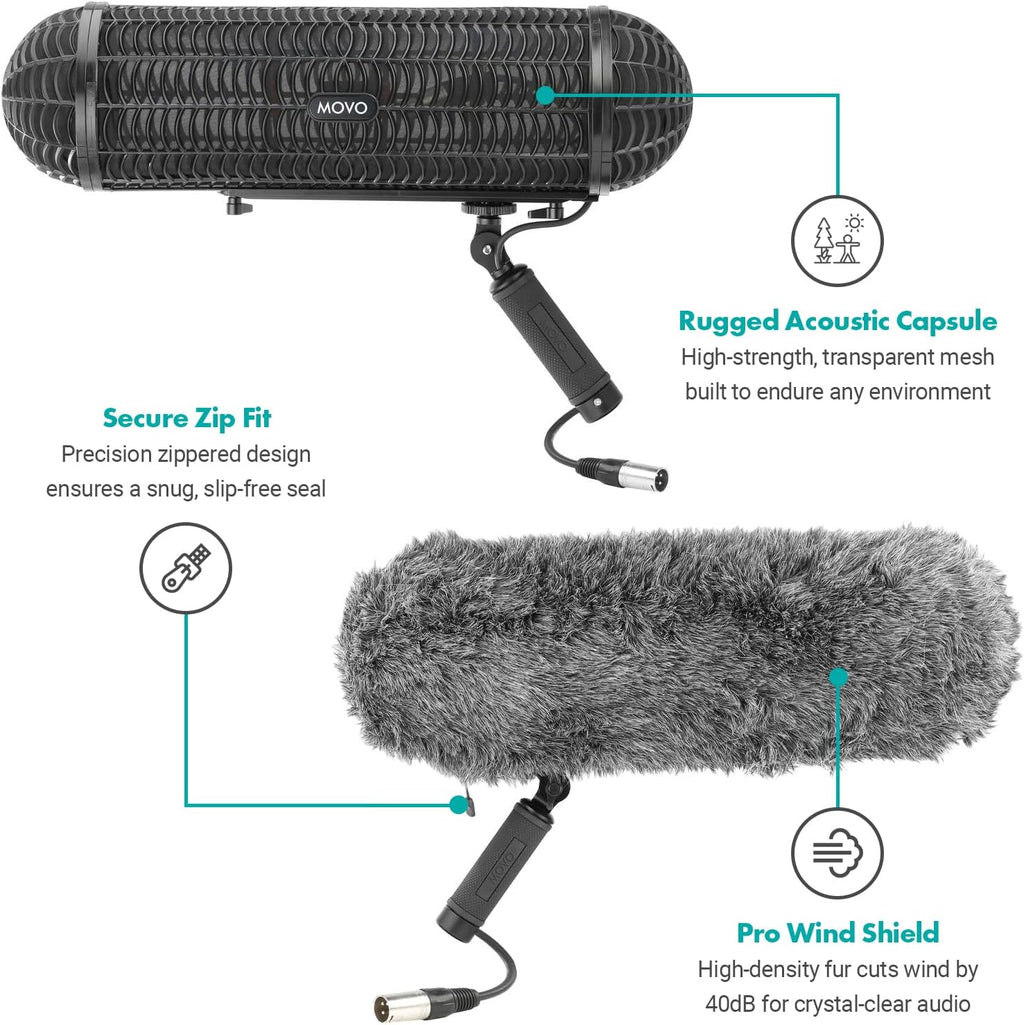 Movo Boom Mic Kit for Filmmaking – Supercardioid Shotgun Microphone, 9.8ft Boom Pole, Blimp Windscreen & Deadcat – Complete Location Sound Bundle