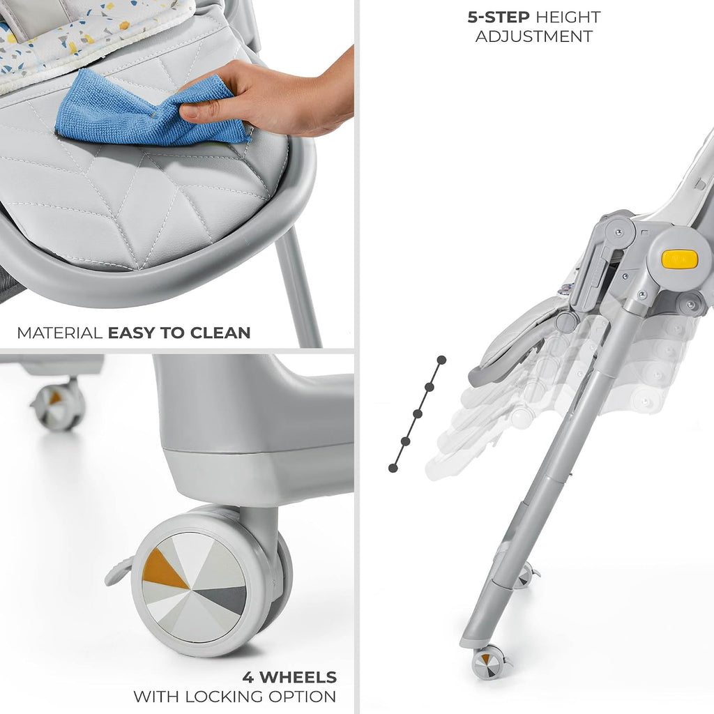 Kinderkraft LASTREE Foldable Baby High Chair for Babies and Toddlers with Reclining Function, Play Bar, Adjustable Tray and Footrest in Grey