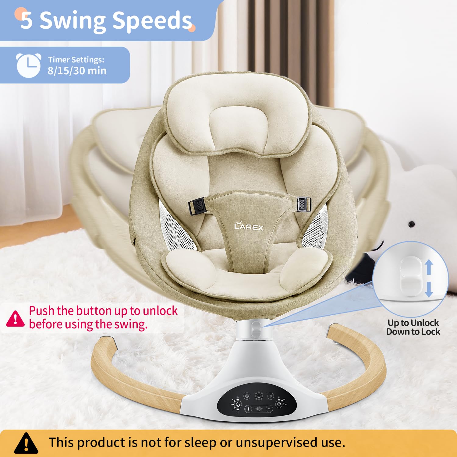 LAREX Baby Swing Infant Swing Electric Toddler Baby Rocker Portable for Newborn Boy Girl, 5 Sway Speeds with Remote Control, 10 Preset Melodies and Bluetooth, 0-6 Months Max 20 Lbs (Khaki)