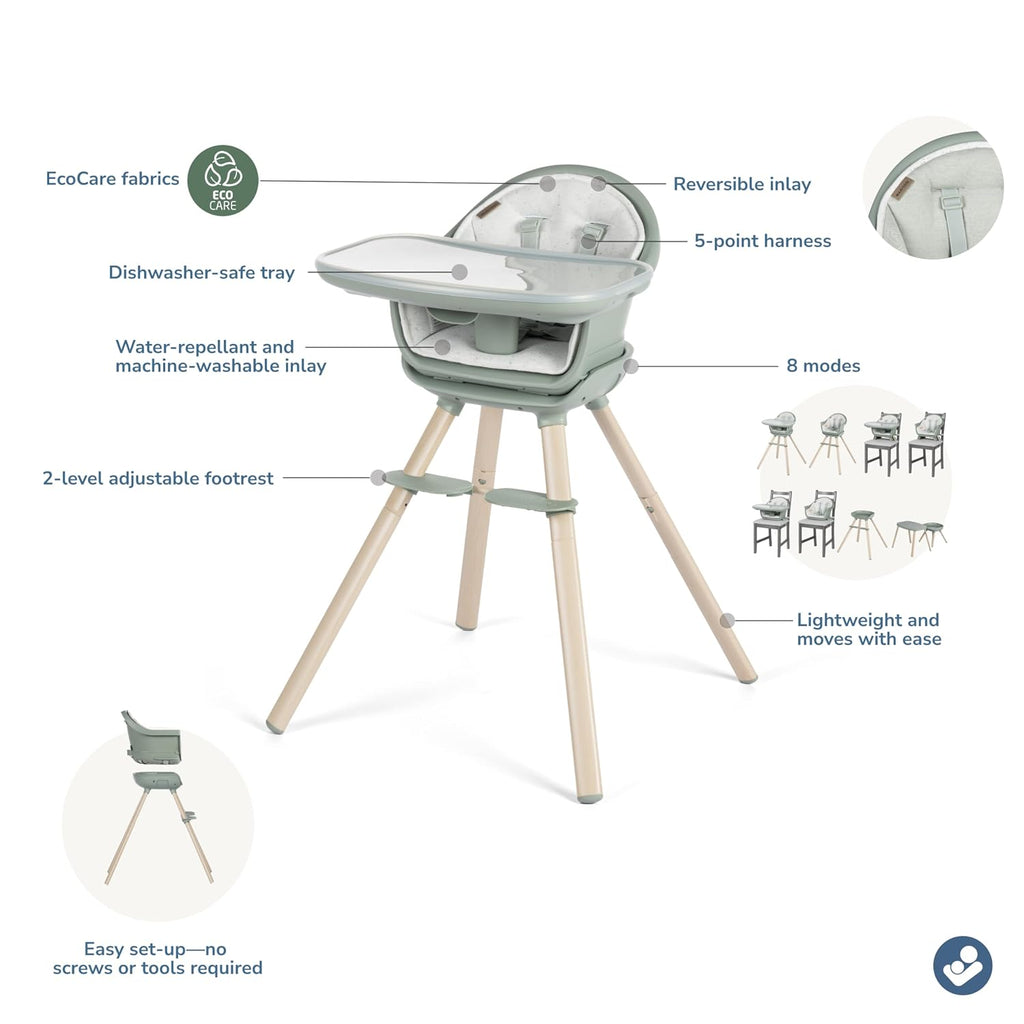 Maxi-Cosi Moa 8-in-1 High Chairs for Babies and Toddlers, Machine Washable Infant High Chair, Compact, Convertible High Chair Lightweight Design, Classic Green