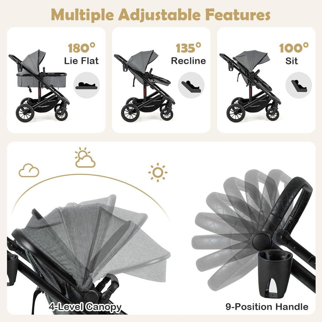 BABY JOY 2 in 1 Convertible Baby Stroller, High Landscape with Bassinet Mode, Reversible Seat, Adjustable Canopy, Cup Holder, Diaper Bag, Foldable Infant Newborn Pram Stroller for 0-36 Months (Gray)