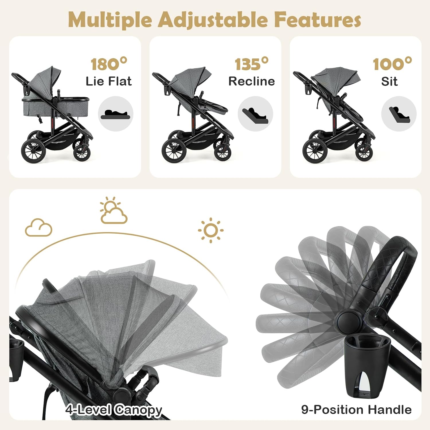 BABY JOY 2 in 1 Convertible Baby Stroller, High Landscape with Bassinet Mode, Reversible Seat, Adjustable Canopy, Cup Holder, Diaper Bag, Foldable Infant Newborn Pram Stroller for 0-36 Months (Gray)