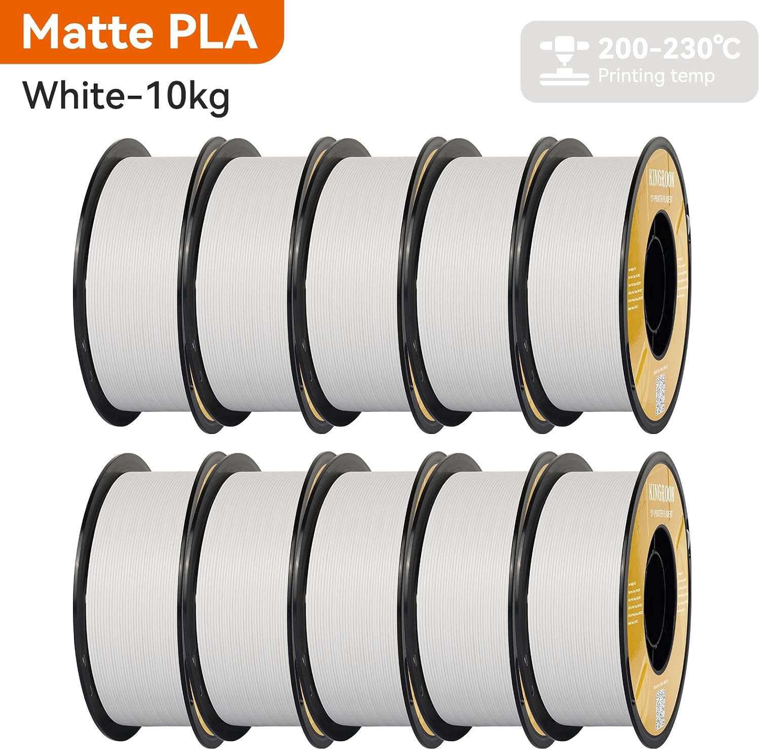 Kingroon Matte PLA Filament 1.75mm 3D Printer Filament Matte Filament 10kg Dimensional Accuracy +/- 0.02 mm (10 Rolls White)