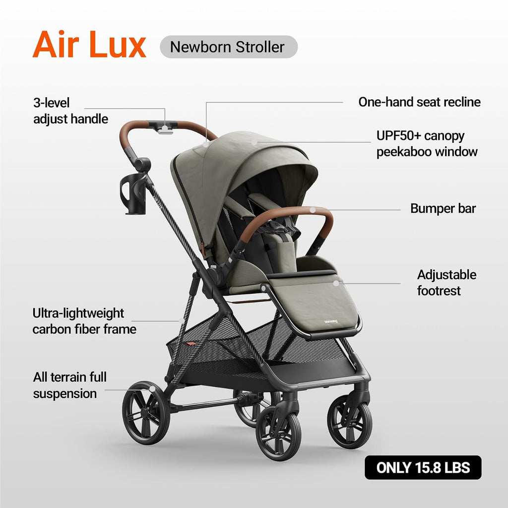 MAMAZING Air Lux Baby Stroller, Carbon Fiber Frame Only 15.8lbs, Compact Fold Toddler Stroller with Reversible Seat with Infant Insert, Included UPF 50+ Canopy, Large Storage Basket & Car Seat Adapter