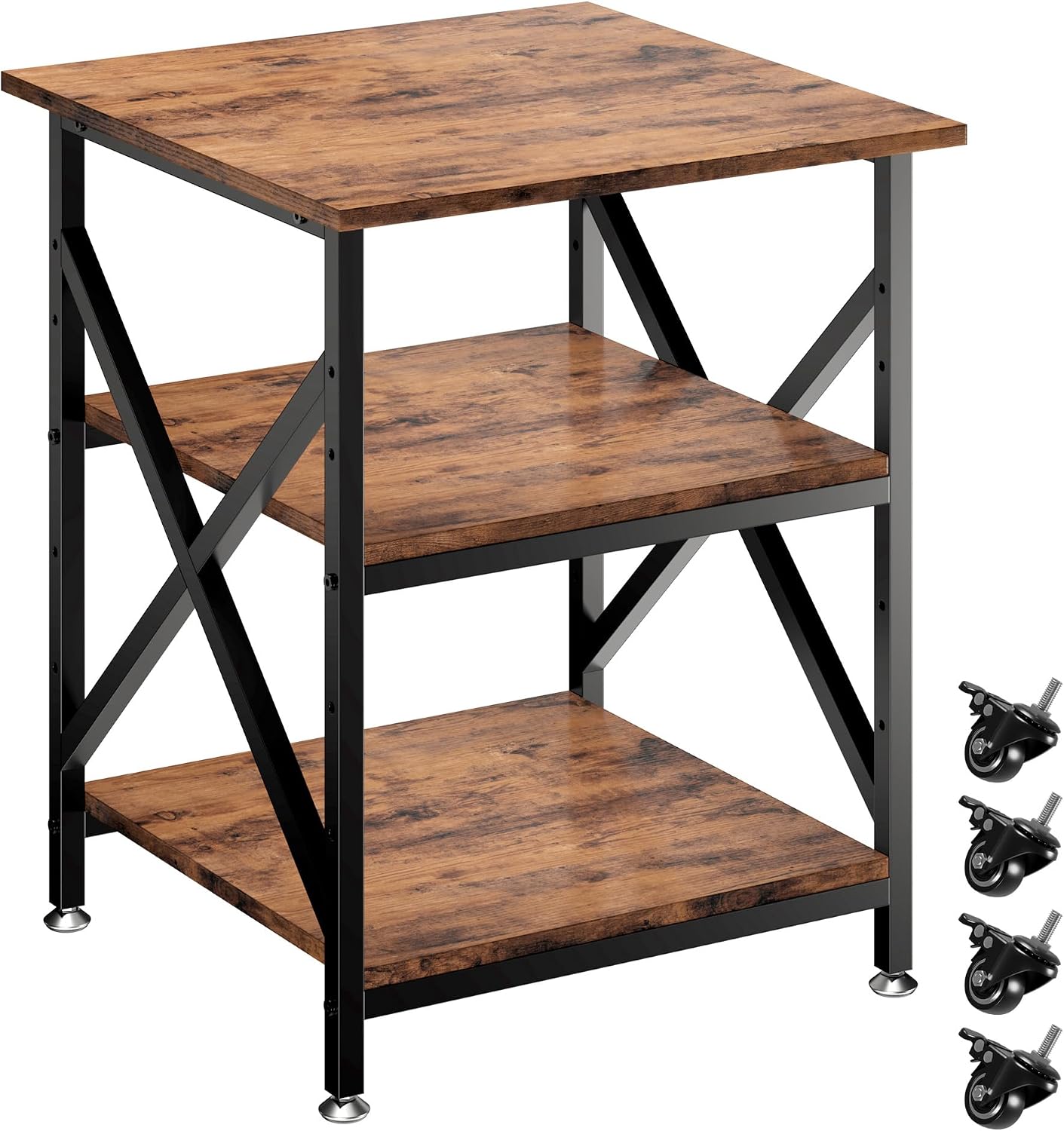 3 Tier Printer Stand, Large Table with Wheels, Rolling Cart with Height Adjustable Middle Storage Shelf, 23.6 x 23.6 x 30.3 Inches Shelf for Home Office, Vintage Brown