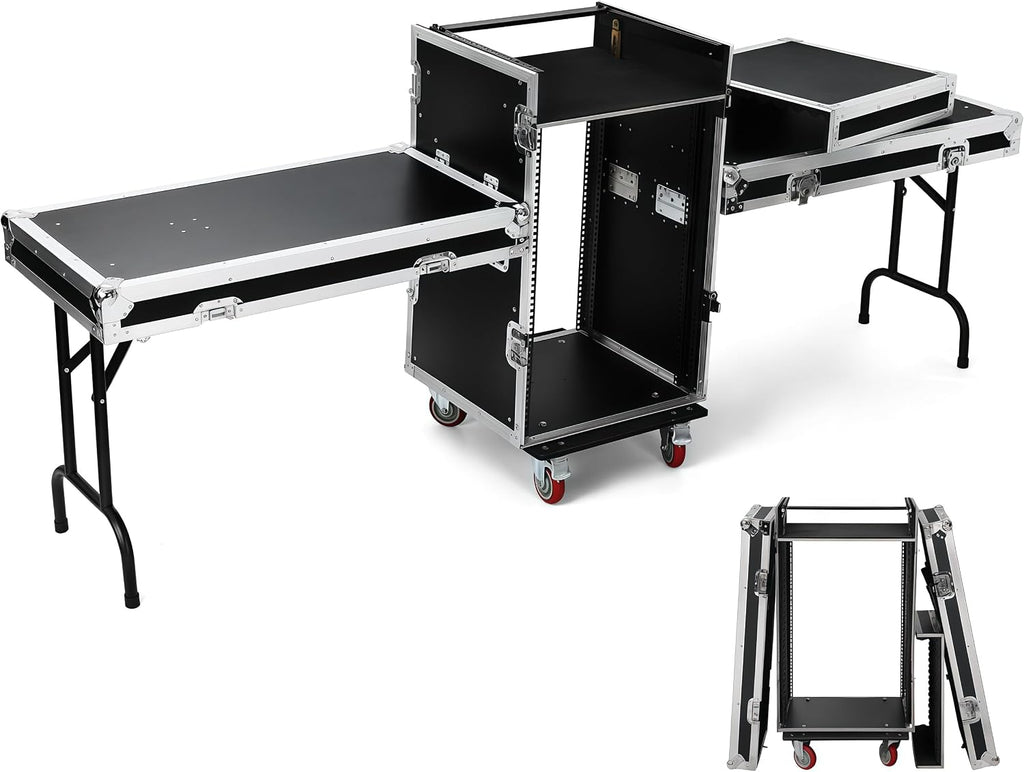 16u Road/Rack Case with 60° Slant Mixer Top, 2 Side Table up to 110lb 20' Rackable Depth Plywood, 4 Casters with Brake System & Tour Grade Hardware ATA Rack Cases Audio Mixer for Pro Stage Performance