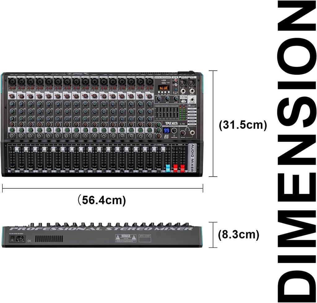 16 Channel Professional Audio Mixer, Mixing Console with USB Interface, 48V Phantom Power, 99 DSP Effects, XLR Inputs, DJ Mixer for Stage, Events