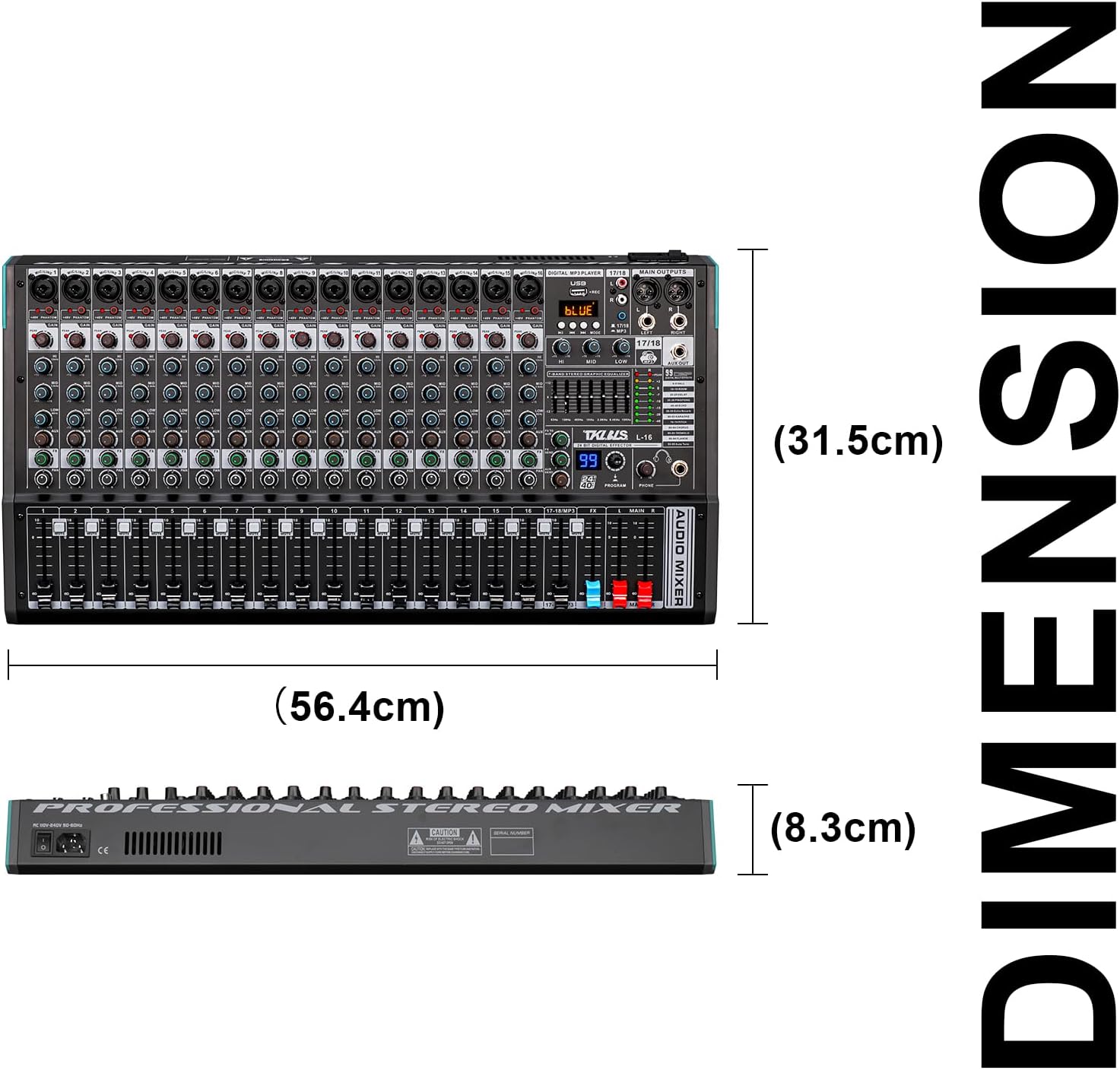 16 Channel Professional Audio Mixer, Mixing Console with USB Interface, 48V Phantom Power, 99 DSP Effects, XLR Inputs, DJ Mixer for Stage, Events